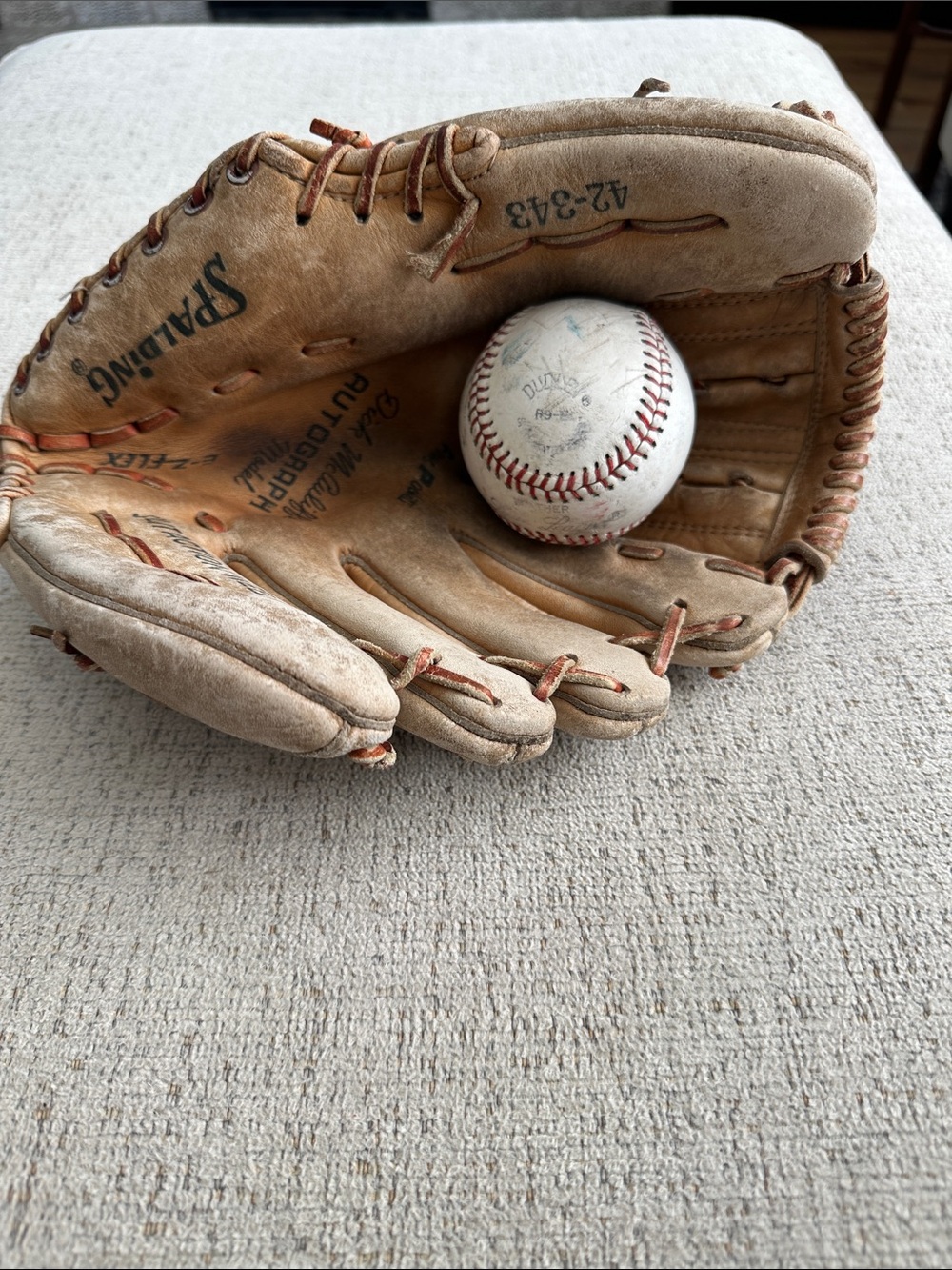 Vintage 1960s Spalding Tan Leather Baseball Glove with White Ball